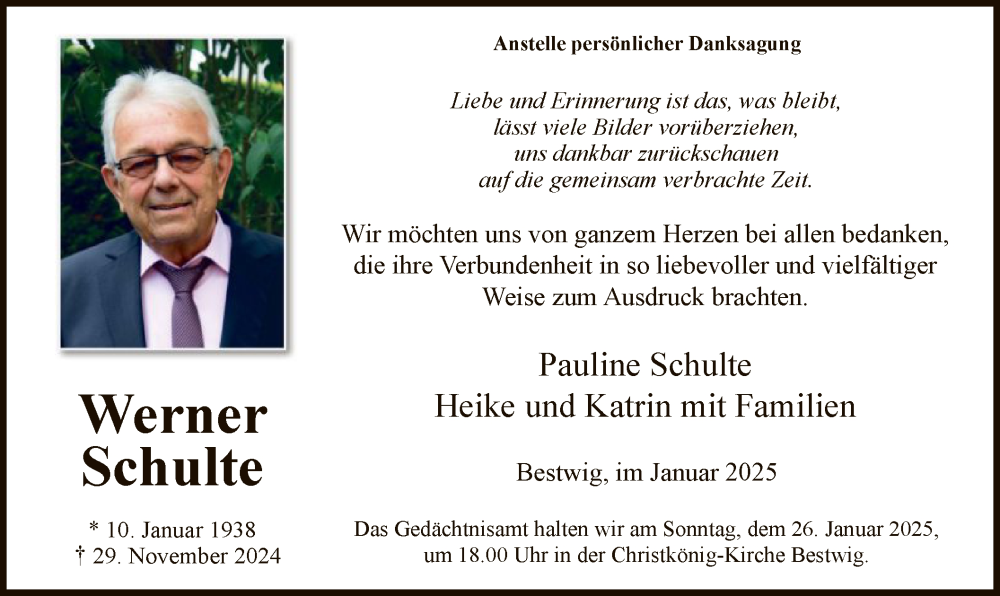  Traueranzeige für Werner Schulte vom 18.01.2025 aus WA