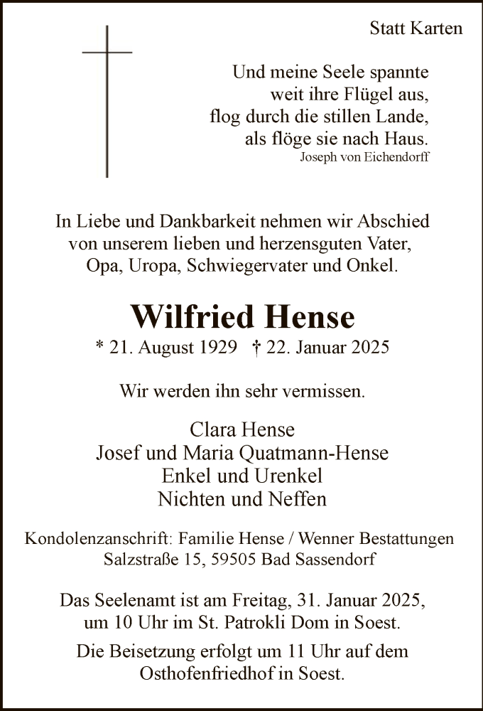  Traueranzeige für Wilfried Hense vom 25.01.2025 aus WA