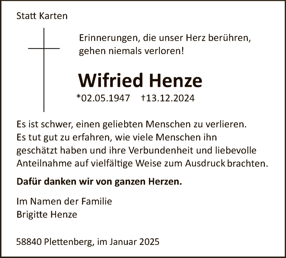  Traueranzeige für Wilfried Henze vom 25.01.2025 aus WA