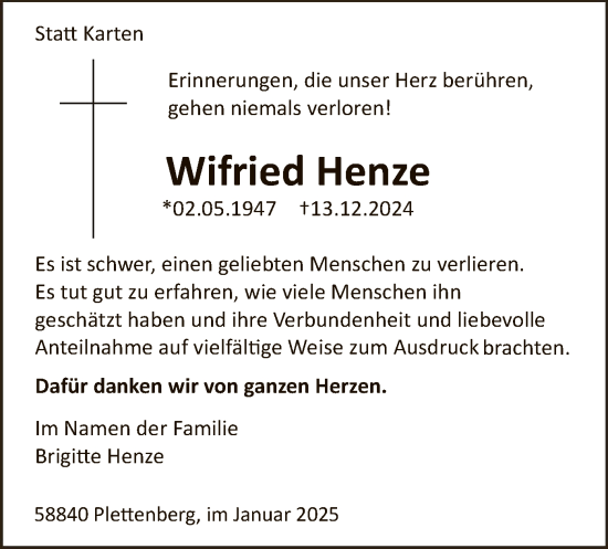 Traueranzeige von Wilfried Henze von WA