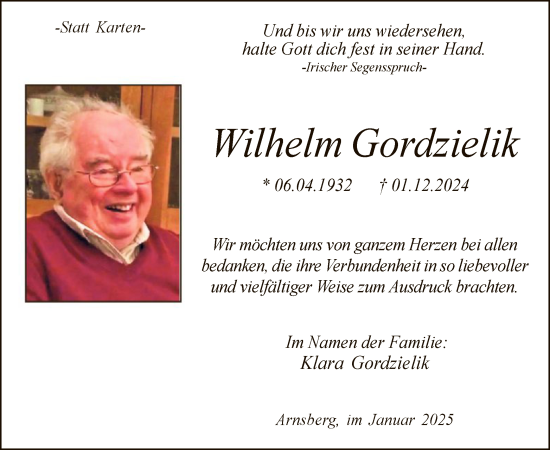 Traueranzeige von Wilhelm Gordzielik von WA