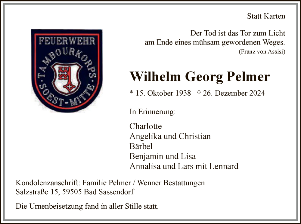 Traueranzeige für Wilhelm Georg Pelmer vom 11.01.2025 aus WA