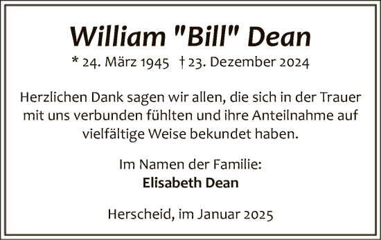 Traueranzeige von William Dean von WA