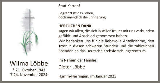 Traueranzeige von Wilma Löbbe von WA