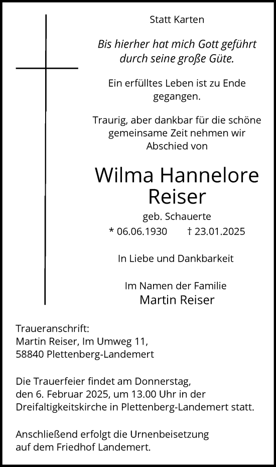 Traueranzeige von Wilma Hannelore Reiser von WA