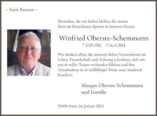 Traueranzeige von Winfried Oberste-Schemmann von WA