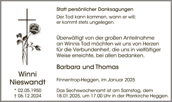 Traueranzeige von Winni Nieswandt von WA