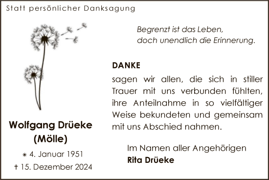 Traueranzeige von Wolfgang  Drüeke von WA