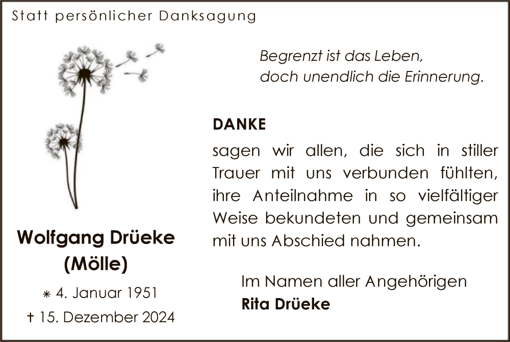  Traueranzeige für Wolfgang  Drüeke vom 11.01.2025 aus WA