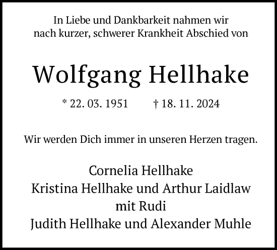 Traueranzeige von Wolfgang Hellhake von WA