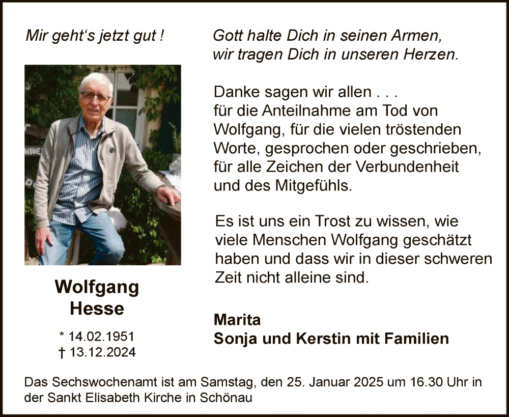  Traueranzeige für Wolfgang Hesse vom 18.01.2025 aus WA