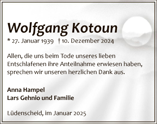Traueranzeige von Wolfgang Kotoun von WA