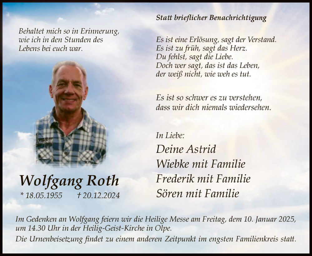  Traueranzeige für Wolfgang Roth vom 04.01.2025 aus WA