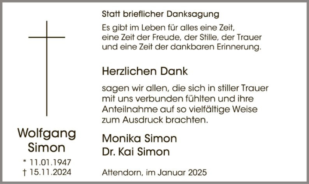  Traueranzeige für Wolfgang Simon vom 11.01.2025 aus WA