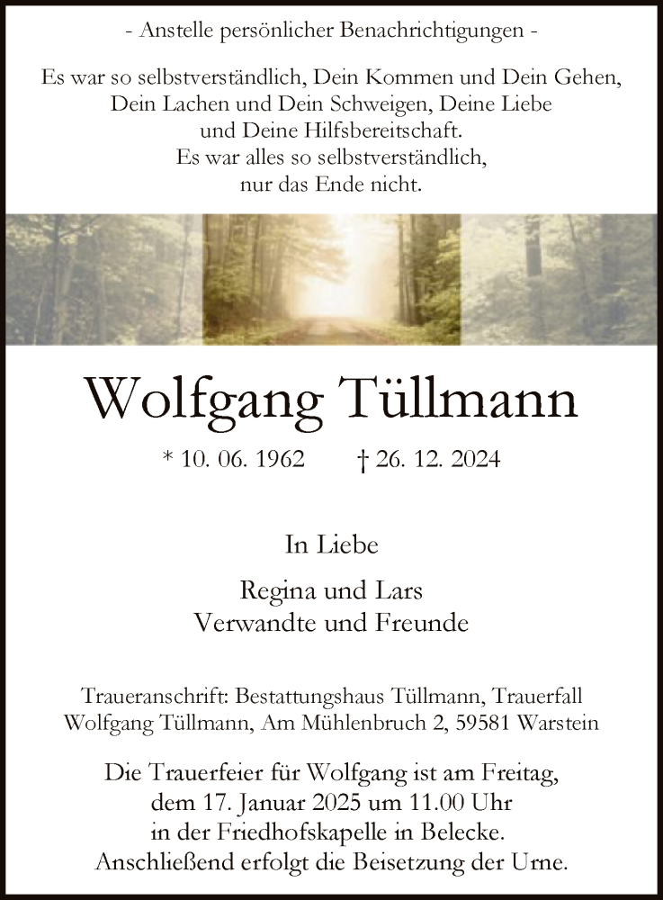  Traueranzeige für Wolfgang Tüllmann vom 09.01.2025 aus WA