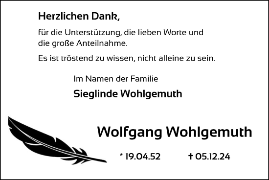 Traueranzeige von Wolfgang Wohlgemuth von WA