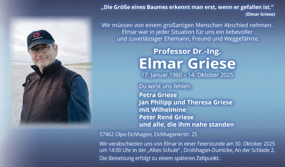  Traueranzeige für Elmar Griese vom 25.10.2025 aus HASK