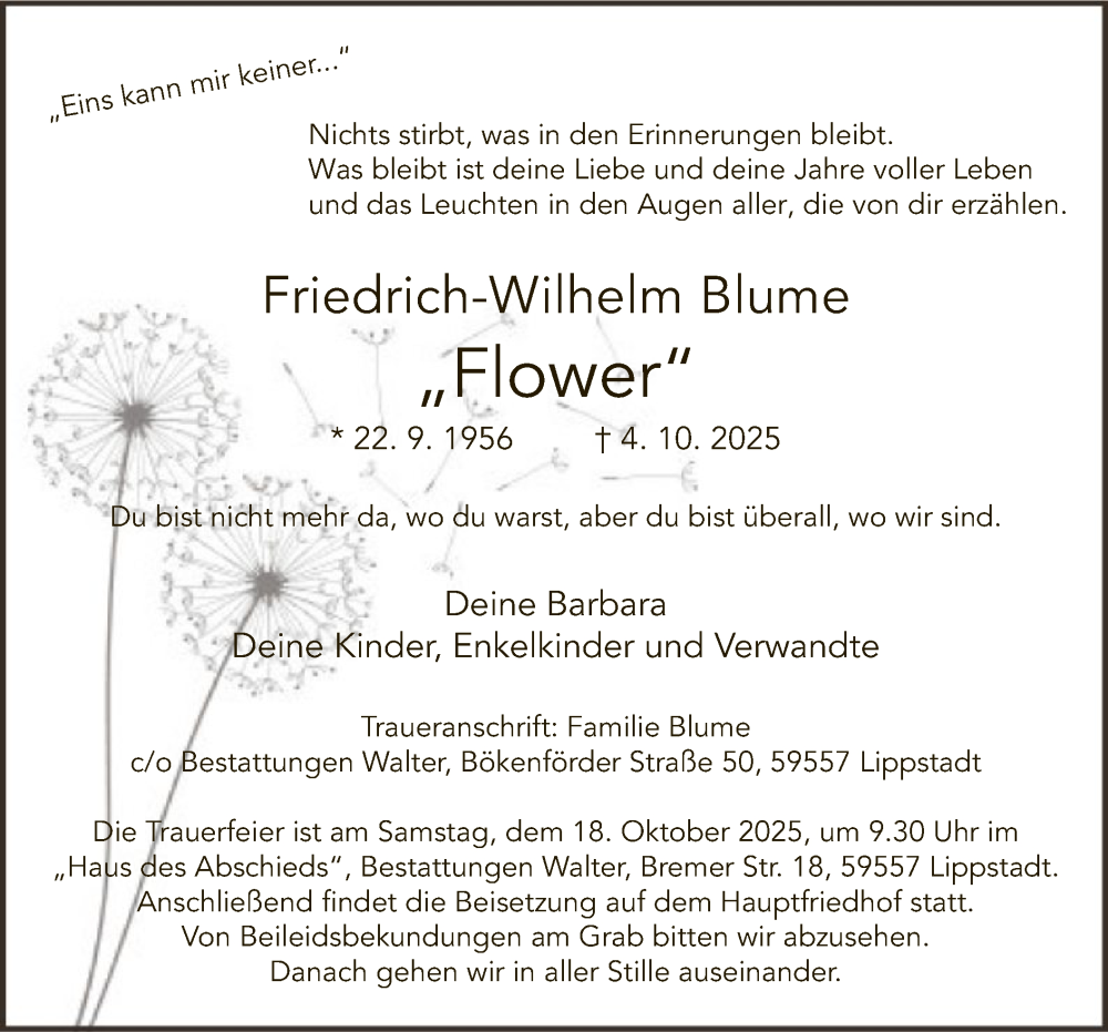  Traueranzeige für Friedrich-Wilhelm Blume vom 11.10.2025 aus HASO