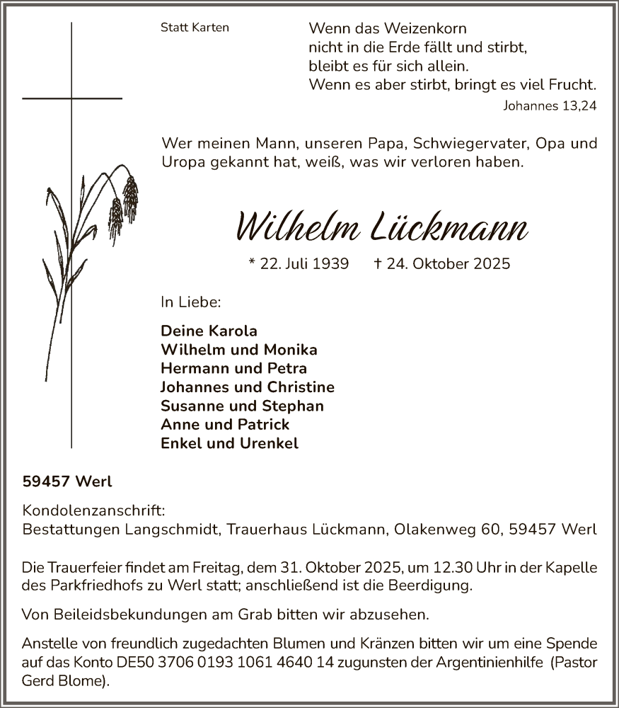  Traueranzeige für Wilhelm Lückmann vom 28.10.2025 aus HASO