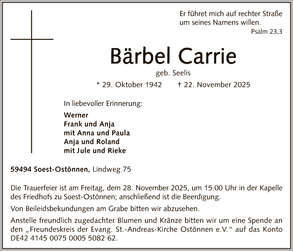  Traueranzeige für Bärbel Carrie vom 26.11.2025 aus HASO