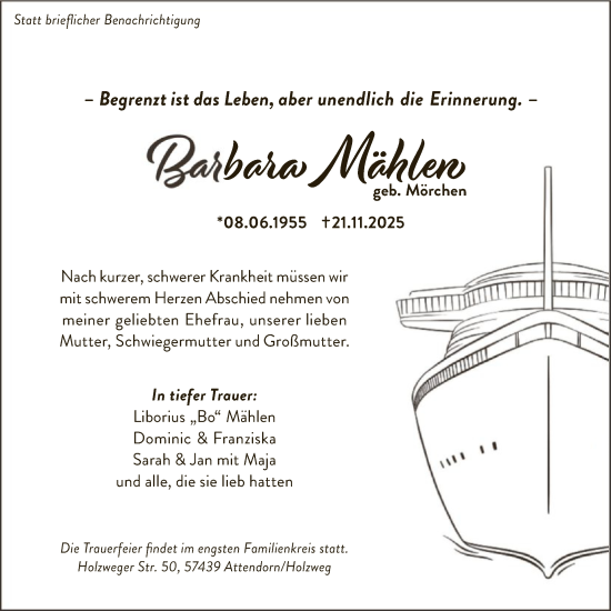 Traueranzeige von Barbara Mählen von HASK