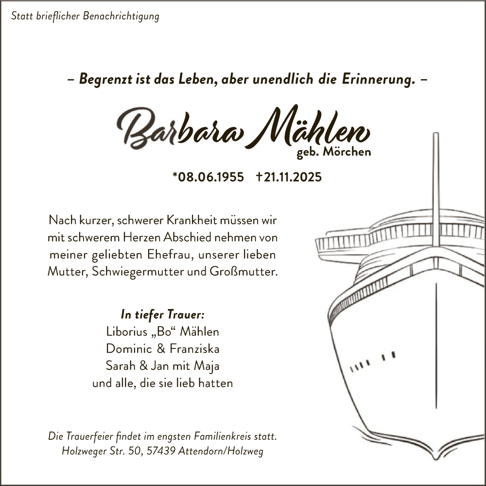  Traueranzeige für Barbara Mählen vom 29.11.2025 aus HASK