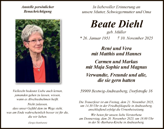 Traueranzeige von Beate Diehl von HASK