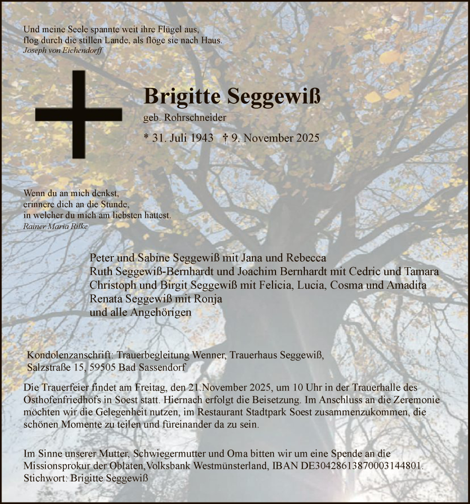  Traueranzeige für Brigitte Seggewiß vom 15.11.2025 aus HASO