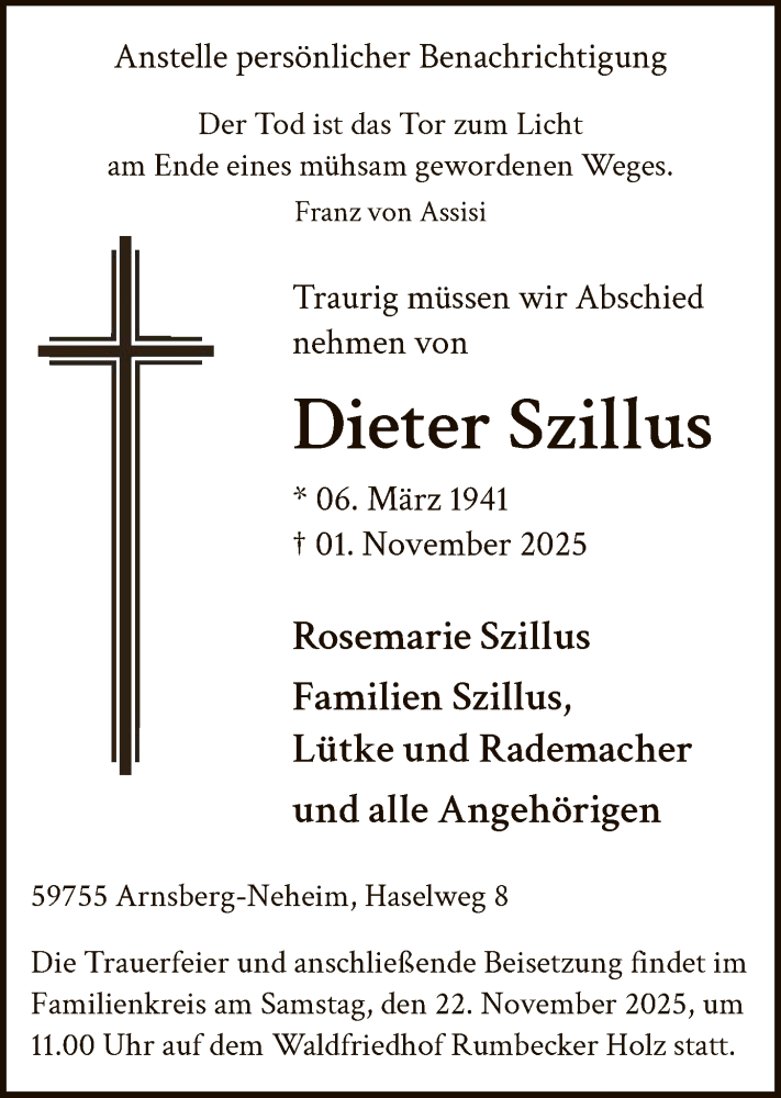  Traueranzeige für Dieter Szillus vom 15.11.2025 aus HASK