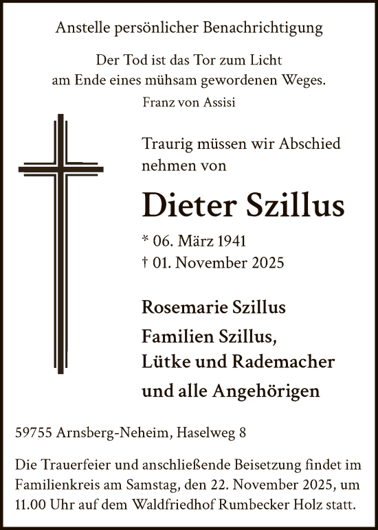 Traueranzeige von Dieter Szillus von HASK