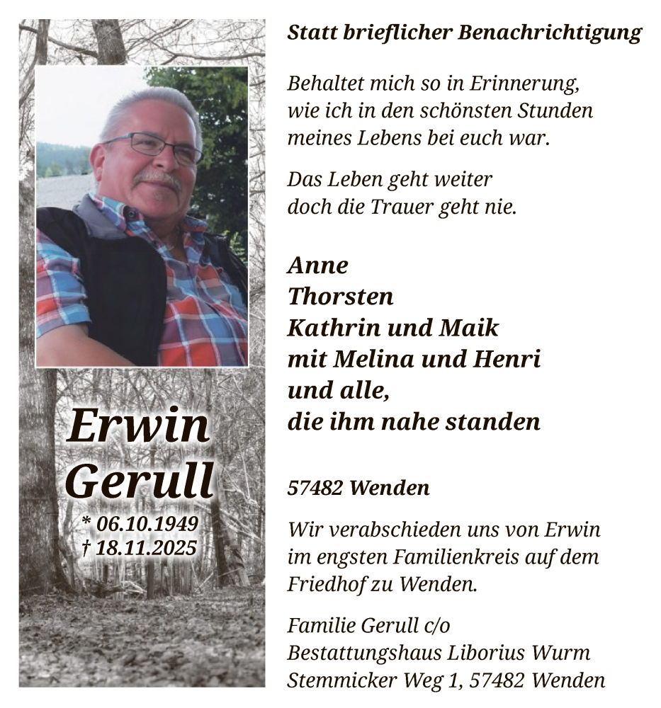  Traueranzeige für Erwin Gerull vom 29.11.2025 aus HASK