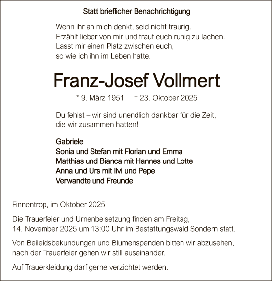 Traueranzeige von Franz-Josef Vollmert von HASK
