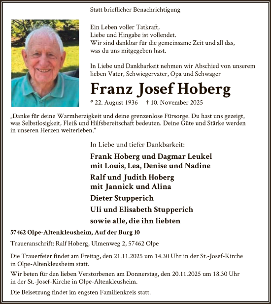 Traueranzeige von Franz Josef Hoberg von HASK