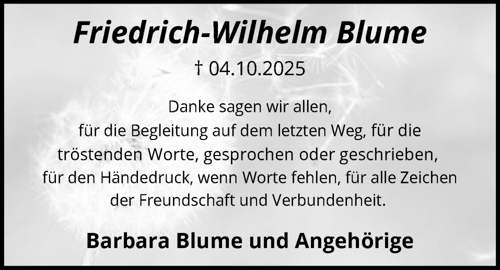  Traueranzeige für Friedrich-Wilhelm Blume vom 08.11.2025 aus HASO
