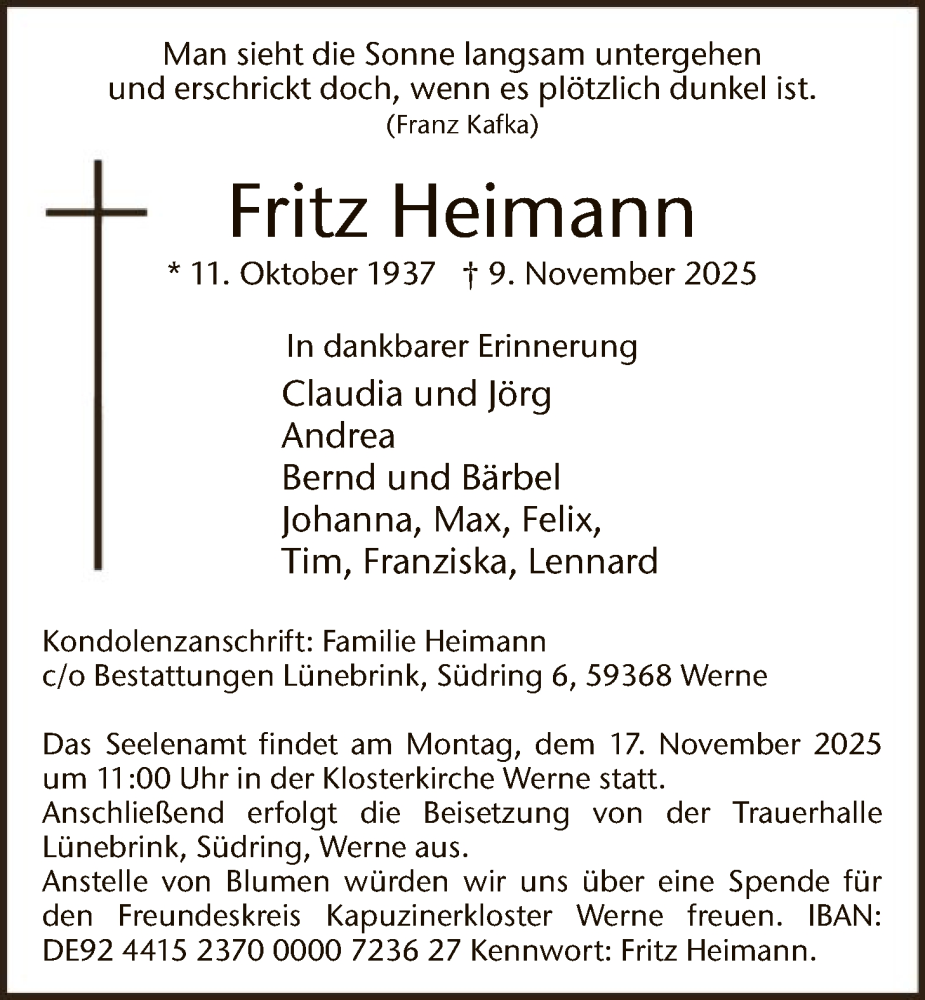  Traueranzeige für Fritz Heimann vom 15.11.2025 aus HAWA
