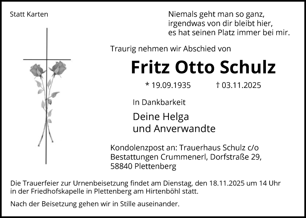  Traueranzeige für Fritz Otto Schulz vom 08.11.2025 aus HALN