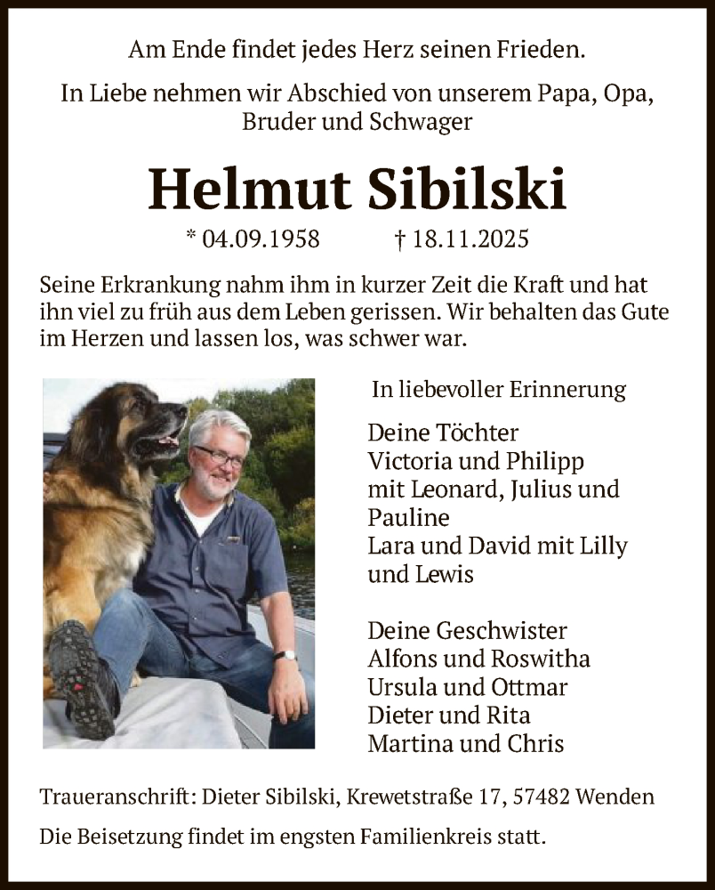  Traueranzeige für Helmut Sibilski vom 29.11.2025 aus HASK
