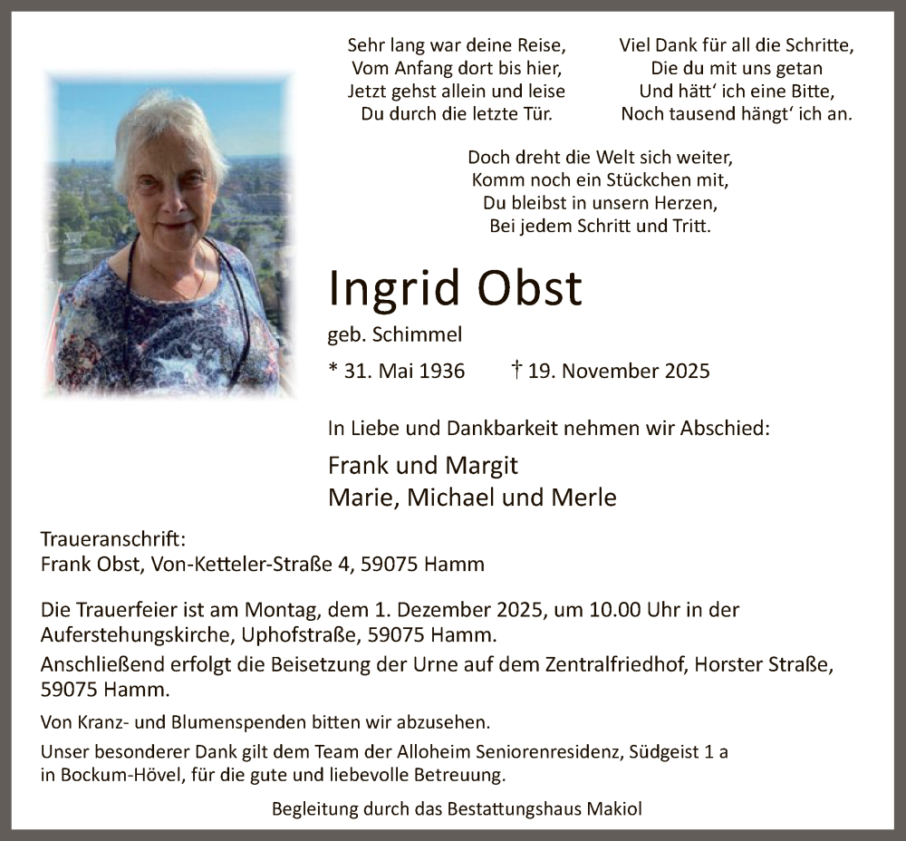  Traueranzeige für Ingrid Obst vom 26.11.2025 aus HAWA