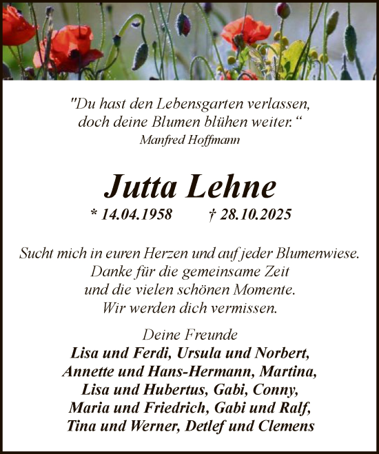 Traueranzeige von Jutta Lehne von HASK