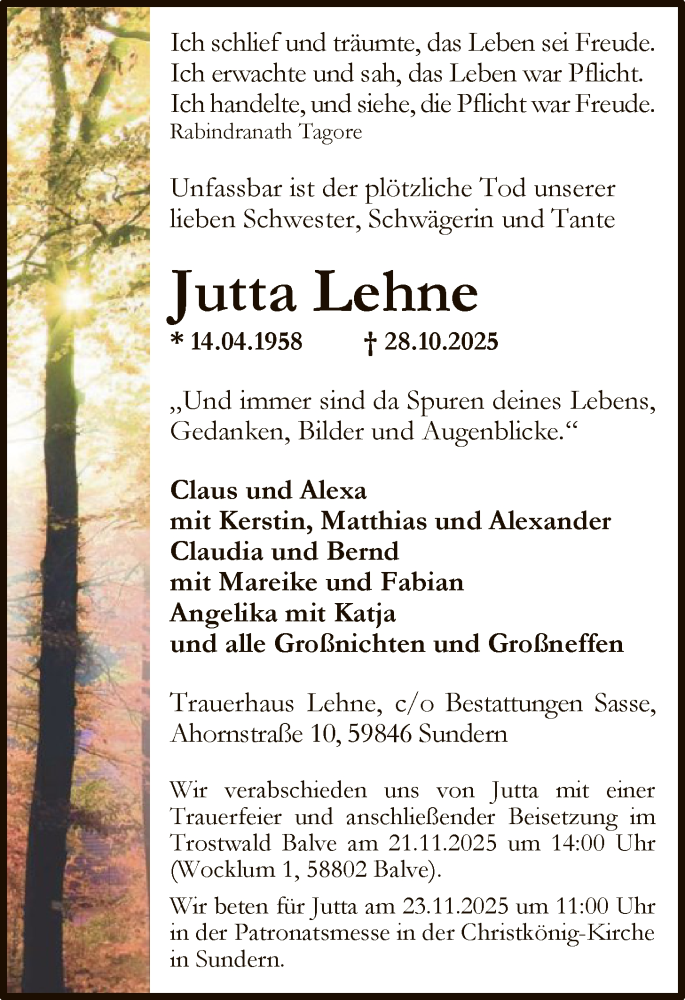  Traueranzeige für Jutta Lehne vom 08.11.2025 aus HASK