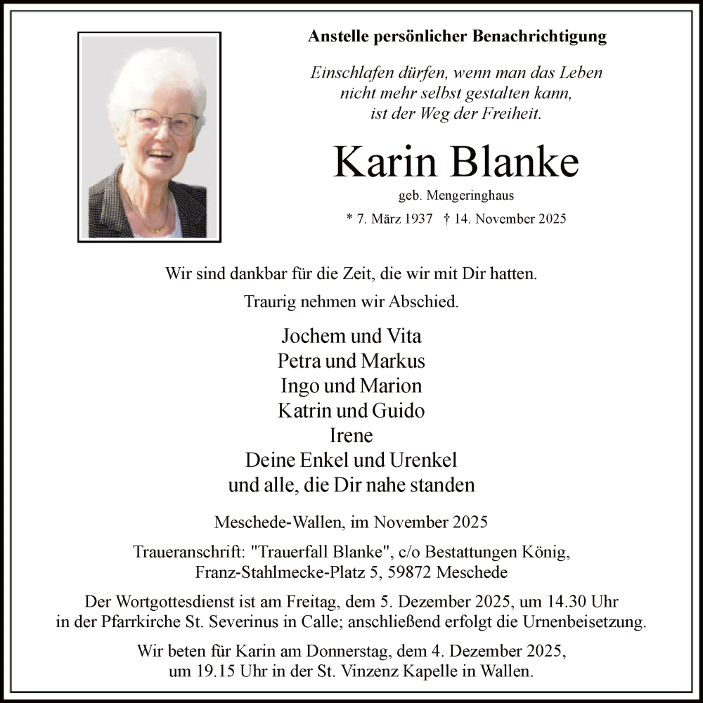  Traueranzeige für Karin Blanke vom 22.11.2025 aus HASK