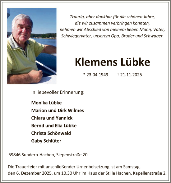 Traueranzeige von Klemens Lübke von HASK