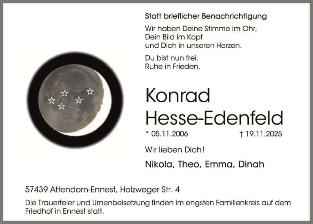  Traueranzeige für Konrad Hesse-Edenfeld vom 22.11.2025 aus HASK