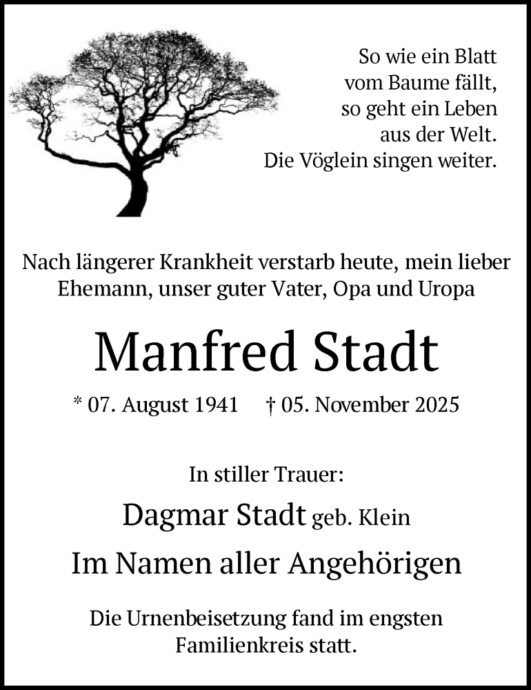  Traueranzeige für Manfred Stadt vom 15.11.2025 aus HALN