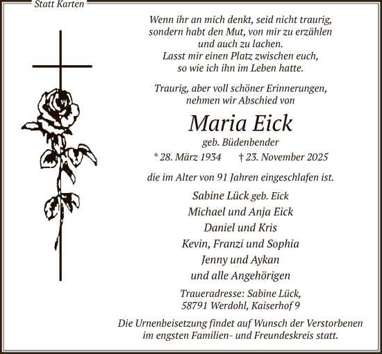 Traueranzeige von Maria Eick von HALN
