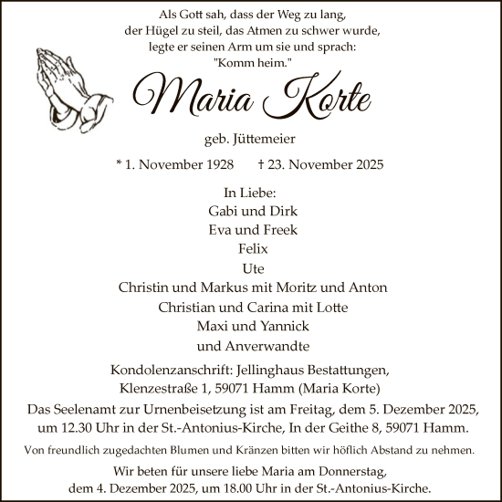 Traueranzeige von Maria Korte von HAWA