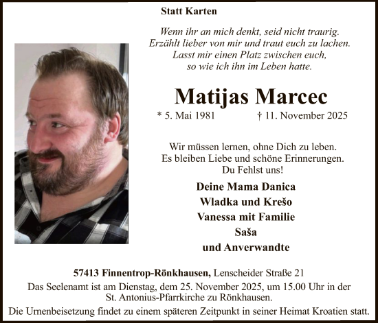 Traueranzeige von Matijas Marcec von HASK