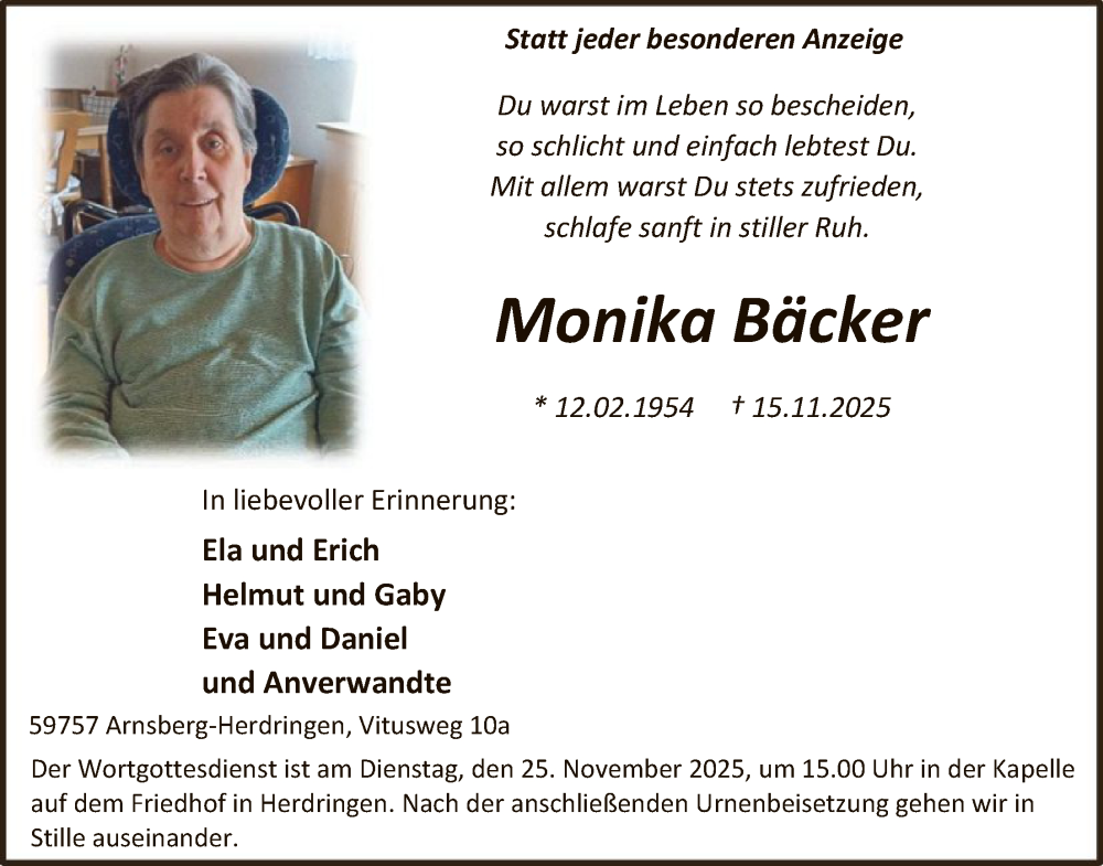  Traueranzeige für Monika Bäcker vom 22.11.2025 aus HASK