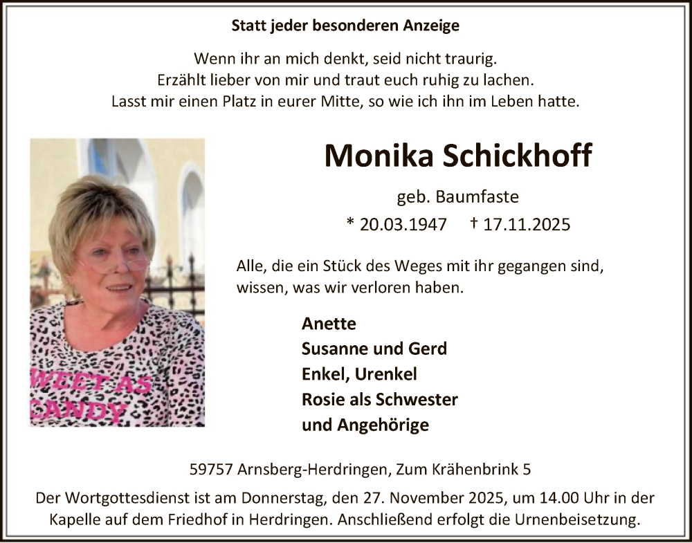  Traueranzeige für Monika Schickhoff vom 22.11.2025 aus HASK