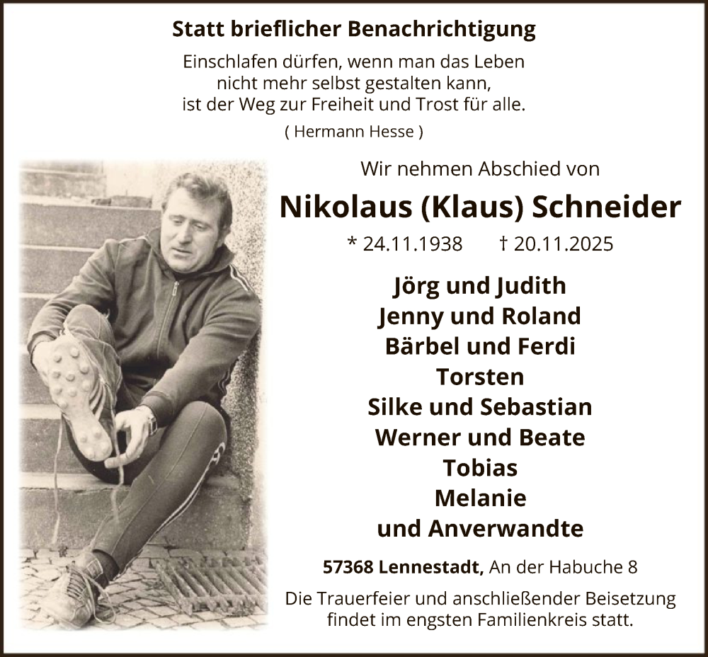  Traueranzeige für Nikolaus Schneider vom 29.11.2025 aus HASK